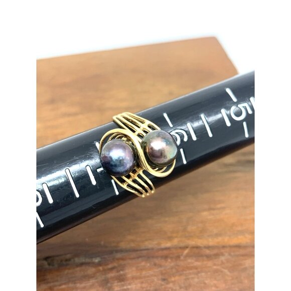 Black Purple Pearl Cocktail Ring 14k Yellow Gold Estate Jewelry Women's Size 6.5 - Picture 9 of 15